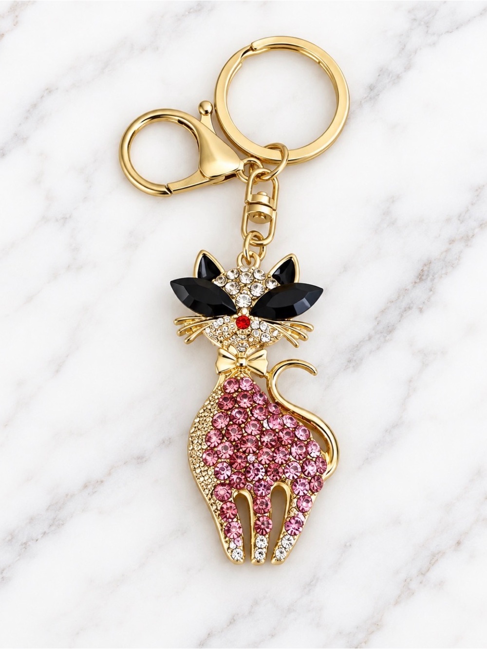 Bag Charm-Pink Rhinestone Enamel Cat Charm- Gold-tone